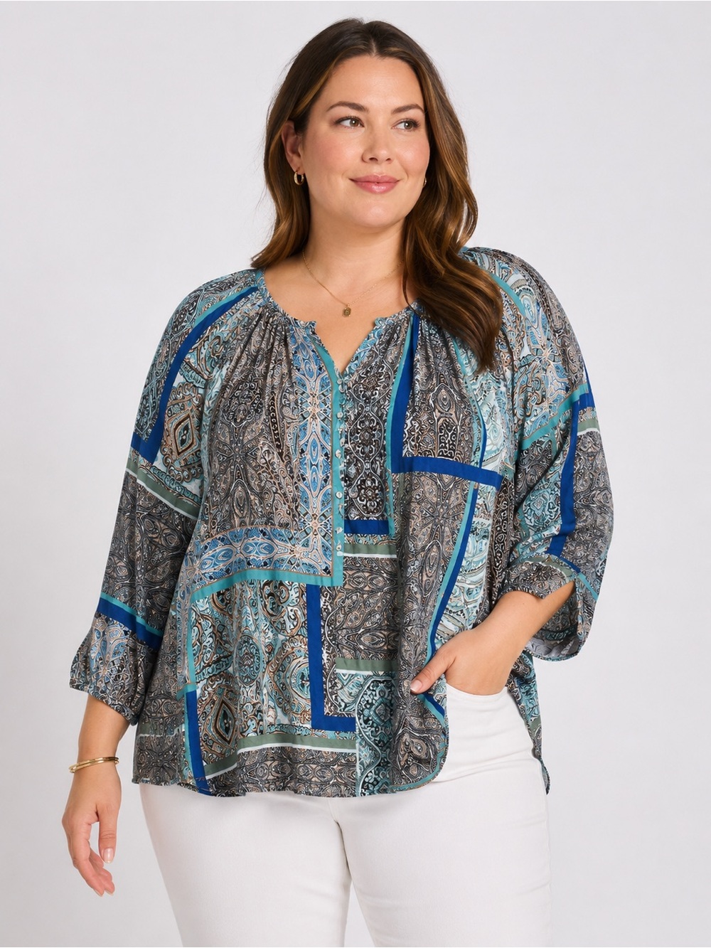 Cynthia Rowley Woman 1X Paisley Patchwork Rayon Peasant Blouse Boho Blue